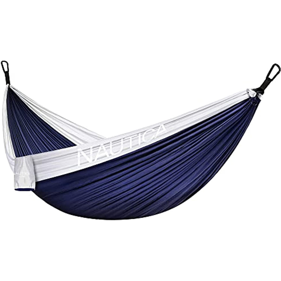 Nautica Portable Camping Hammock 1-2Person Kids or Adults with Straps, Caribiners & Bag for Travel/Backpacking/Hiking/Backyard/Lawn, High Rise Grey/Maritime Blue/High Rise Grey, Large