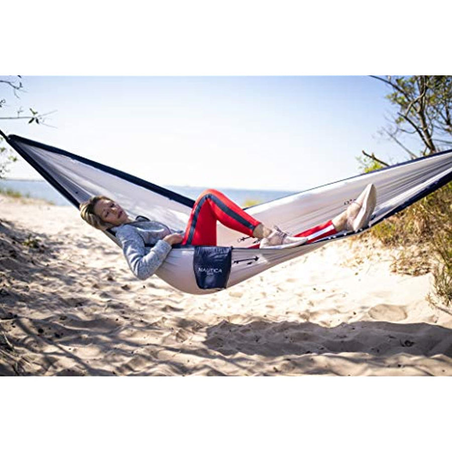 Nautica Portable Camping Hammock 1-2Person Kids or Adults with Straps, Caribiners & Bag for Travel/Backpacking/Hiking/Backyard/Lawn, Maritime Blue/High Rise Grey, Small