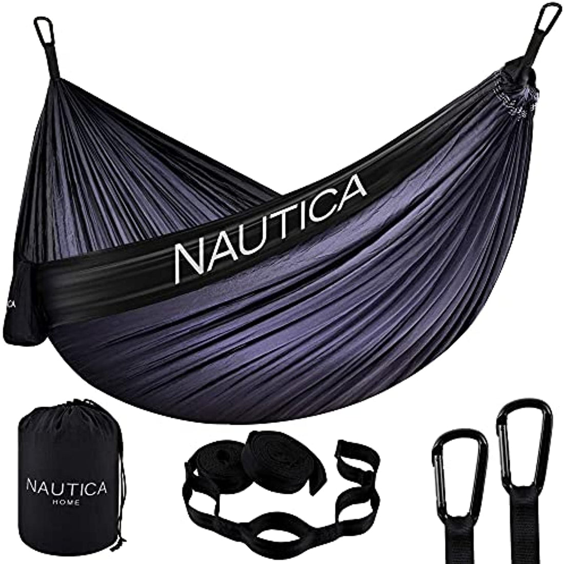 Nautica Portable Camping Hammock 1-2Person Kids or Adults with Straps, Caribiners & Bag for Travel/Backpacking/Hiking/Backyard/Lawn, Black Beauty/Dark Grey, Small