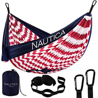 Nautica Portable Camping Hammock 1-2Person Kids or Adults with Straps, Caribiners & Bag for Travel/Backpacking/Hiking/Backyard/Lawn, Sugar Swizzle/Maritime Blue/Admiral Red, Large