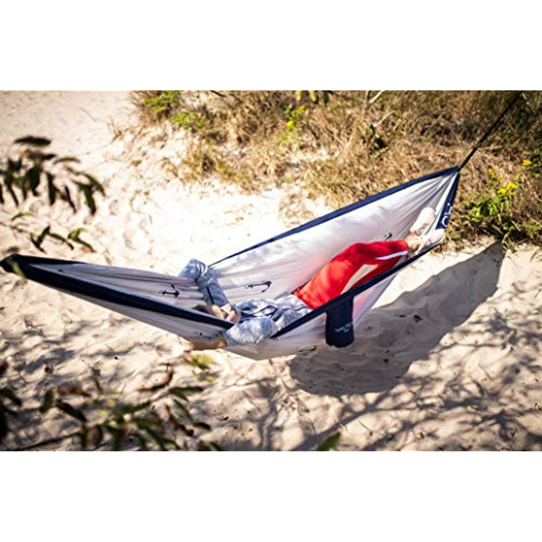 Nautica Portable Camping Hammock 1-2Person Kids or Adults with Straps, Caribiners & Bag for Travel/Backpacking/Hiking/Backyard/Lawn, Maritime Blue/High Rise Grey, Small